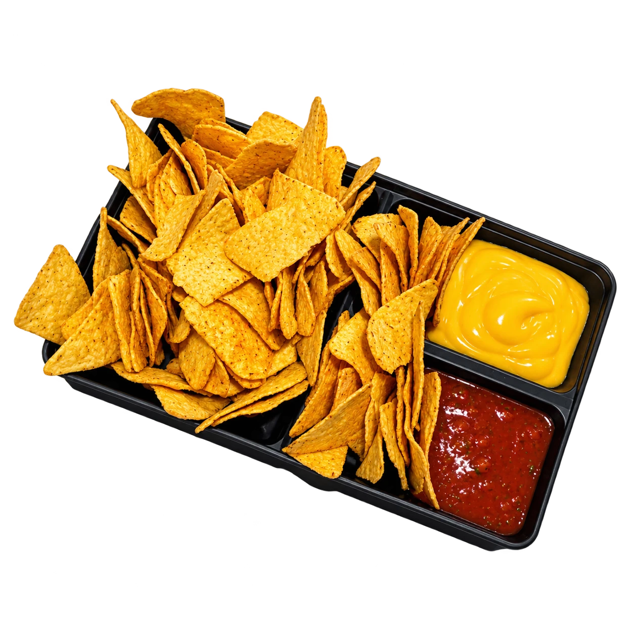 Unsere schwarze Mehrweg-Nachoschale mit zwei Dipfächern
